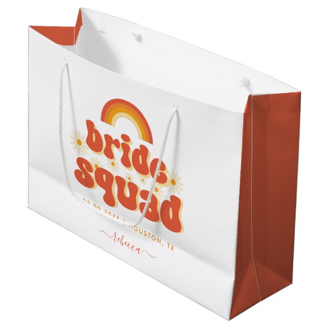 Retro Groovy Daisy Bride Squad Bachelorette Party Large Gift Bag (Front Angled)
