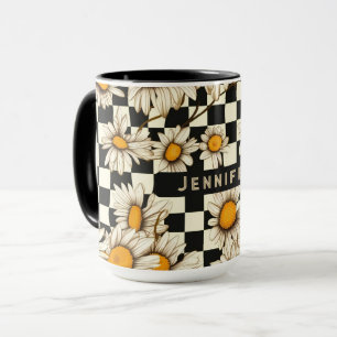 Retro Groovy Daisy Chequerboard Name Gift Mug