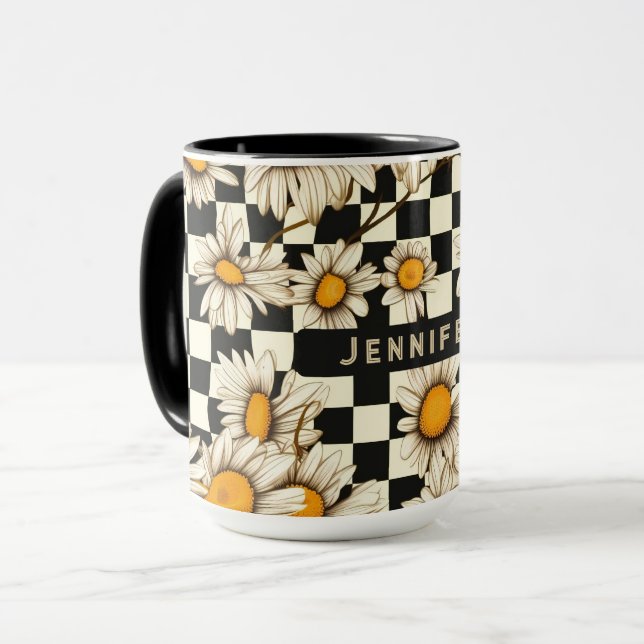 Retro Groovy Daisy Chequerboard Name Gift Mug (Front Left)