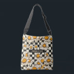 Retro Groovy Daisy Chequerboard Personalised Name Crossbody Bag<br><div class="desc">Retro Groovy Daisy Chequerboard Personalised Name Crossbody Bags features a groovy daisy pattern on a black and white chequerboard pattern background with your custom text or personalised name in the centre. Perfect as a gift for family and friends for Christmas, birthday, holidays, Mother's day, work colleagues and more. Created by...</div>