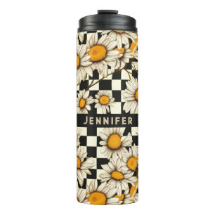 Retro Groovy Daisy Chequerboard Personalised Name Thermal Tumbler