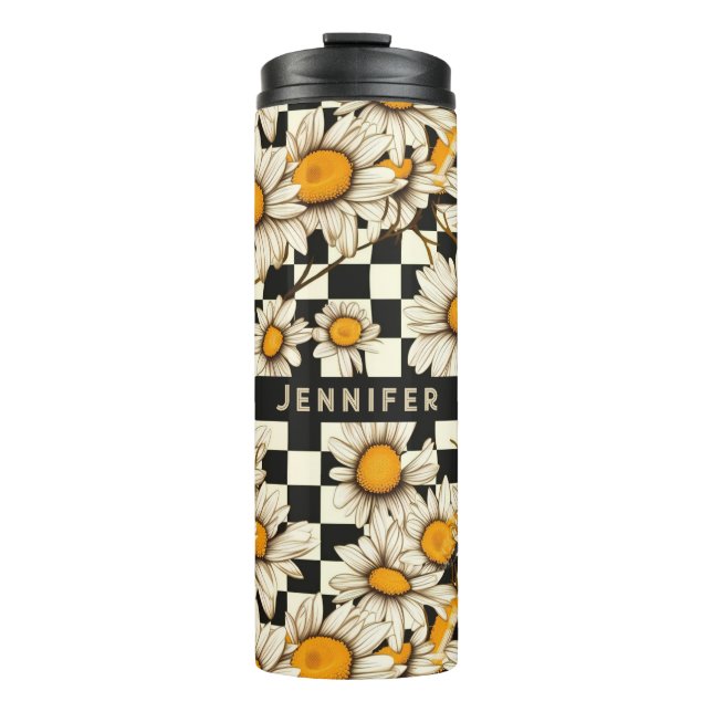 Retro Groovy Daisy Chequerboard Personalised Name Thermal Tumbler (Front)