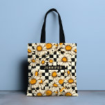 Retro Groovy Daisy Chequerboard Personalised Name Tote Bag<br><div class="desc">Retro Groovy Daisy Chequerboard Personalised Name Tote Bags features a groovy daisy pattern on a black and white chequerboard pattern background with your custom text or personalised name in the centre. Perfect as a gift for family and friends for Christmas, birthday, holidays, Mother's day, work colleagues and more. Created by...</div>