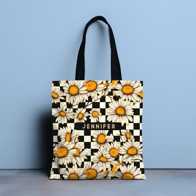 Retro Groovy Daisy Chequerboard Personalised Name Tote Bag (Creator Uploaded)