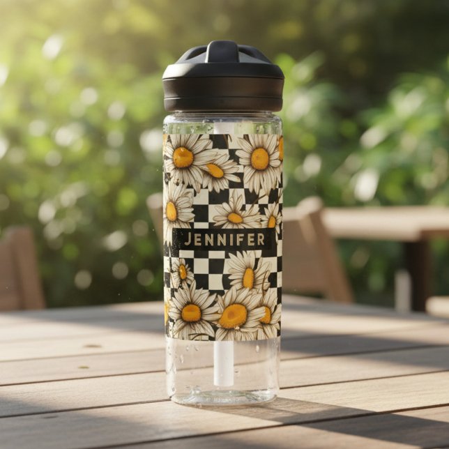 Retro Groovy Daisy Chequerboard Personalised Name Water Bottle (Creator Uploaded)