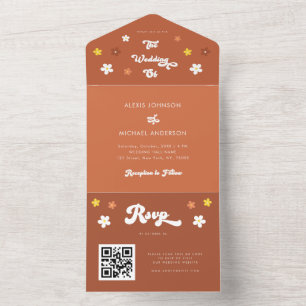 Retro Groovy Daisy Floral Seventies Terracotta  All In One Invitation