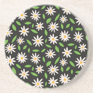 Retro Groovy Daisy flowers on Black Pattern Coaster