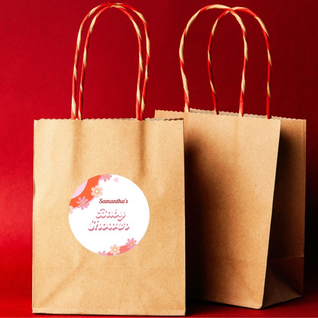 Retro Groovy daisy & Heart Valentine Baby Shower  Classic Round Sticker (Creator Uploaded)