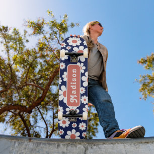 Retro Groovy Daisy Pattern Name Blue Skateboard