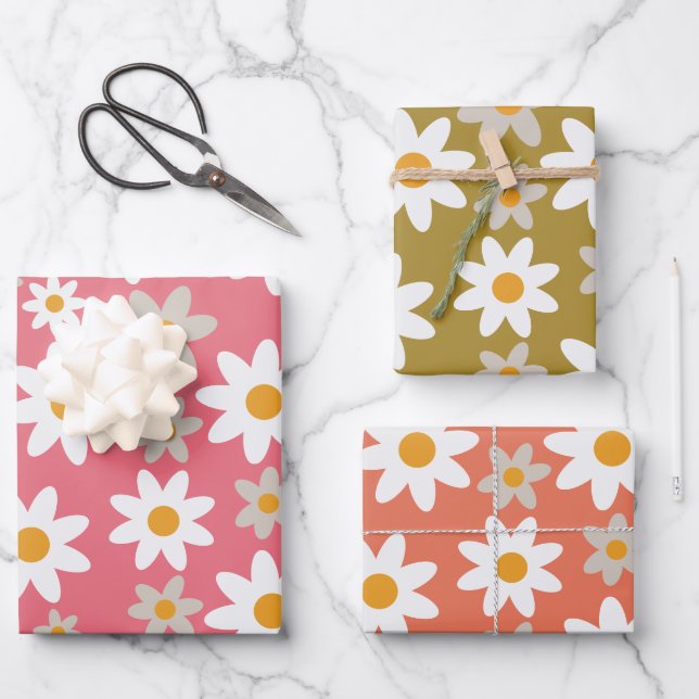 Retro Groovy Daisy Pattern Orange Pink Green Wrapping Paper Sheet (Front)