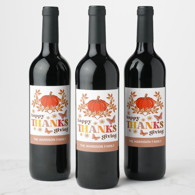 Retro Groovy Daisy Pumpkin Hippie Thanksgiving Wine Label (Bottles)
