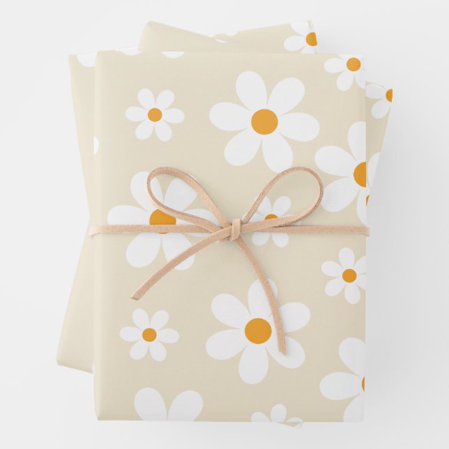Retro Groovy Daisy Tan Birthday gift Wrapping Paper Sheet (In situ)