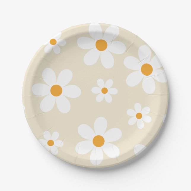 Retro Groovy Daisy Tan Birthday Paper Plates (Front)