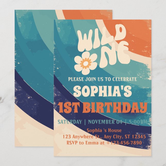 Retro Groovy Daisy Wild One 1st Birthday Girl  Invitation (Front/Back)