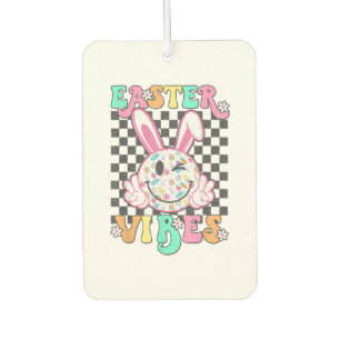 Retro Groovy Easter Vibes Bunny Checkered Smile Wo Car Air Freshener