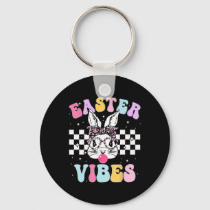 Retro Groovy Easter Vibes Bunny Chequered For Wome Key Ring