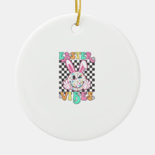 Retro Groovy Easter Vibes Bunny Chequered Smile Wo Ceramic Ornament