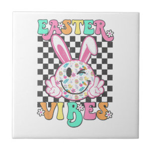 Retro Groovy Easter Vibes Bunny Chequered Smile Wo Ceramic Tile