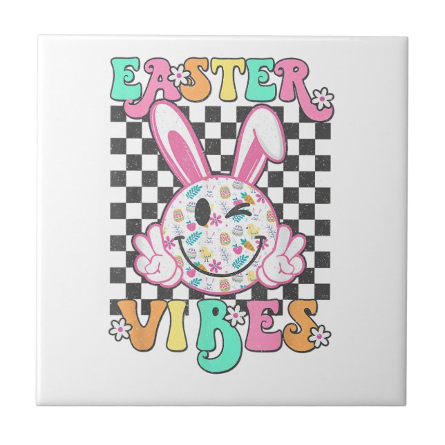 Retro Groovy Easter Vibes Bunny Chequered Smile Wo Ceramic Tile (Front)