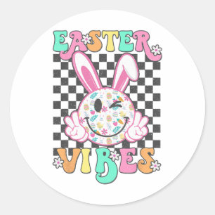 Retro Groovy Easter Vibes Bunny Chequered Smile Wo Classic Round Sticker