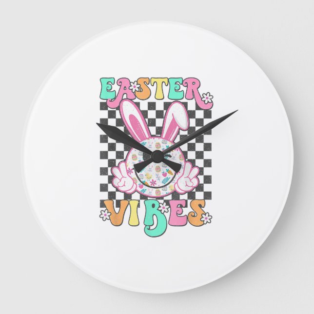 Retro Groovy Easter Vibes Bunny Chequered Smile Wo Large Clock (Front)