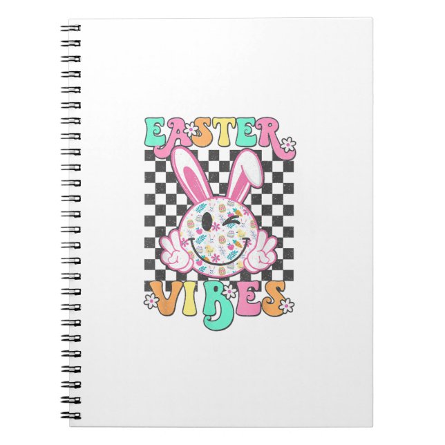 Retro Groovy Easter Vibes Bunny Chequered Smile Wo Notebook (Front)