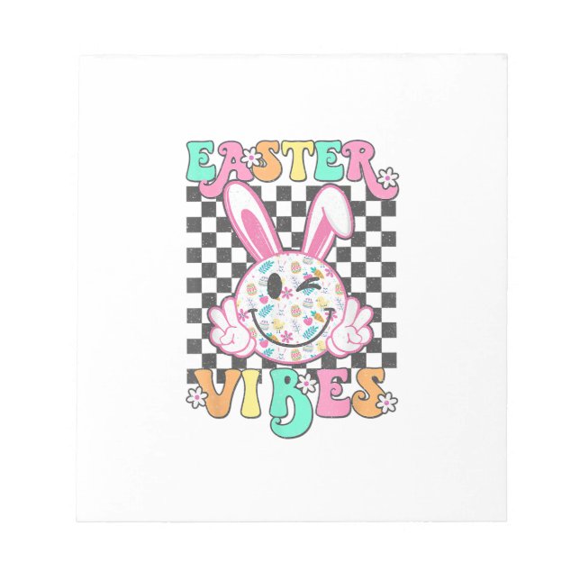 Retro Groovy Easter Vibes Bunny Chequered Smile Wo Notepad (Front)