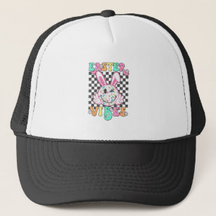Retro Groovy Easter Vibes Bunny Chequered Smile Wo Trucker Hat