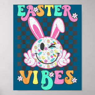 Retro groovy easter vibes bunny chequered smileRet Poster