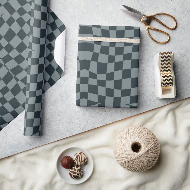 retro groovy elegant gray wavy checkered  wrapping paper (Crafts)
