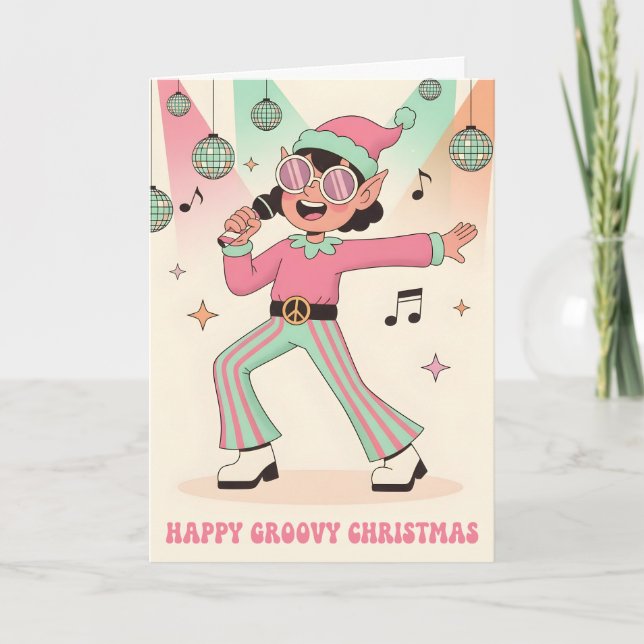 Retro Groovy Elf Merry Christmas Holiday Card (Front)