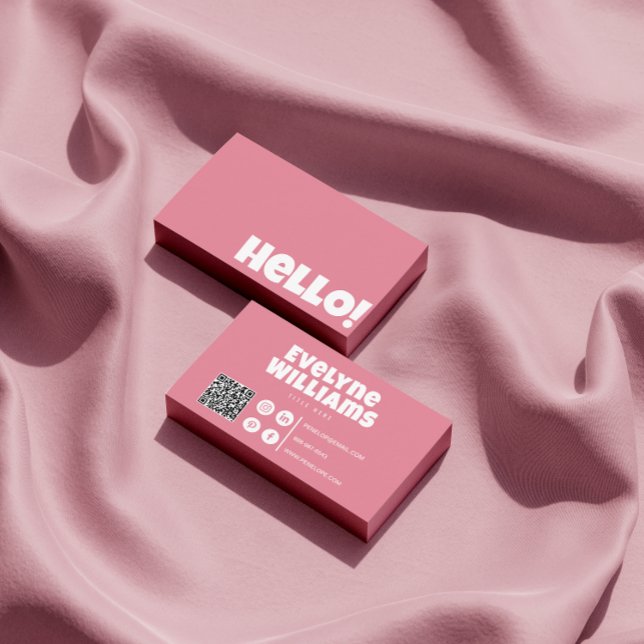 Retro Groovy Feminine Pink QR Code Hello Boho Business Card (Creator Uploaded)