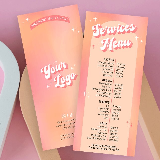 Retro Groovy Feminine Pink Salon Price List Menu (Embrace the retro groove with this trendy business price list rack card design)