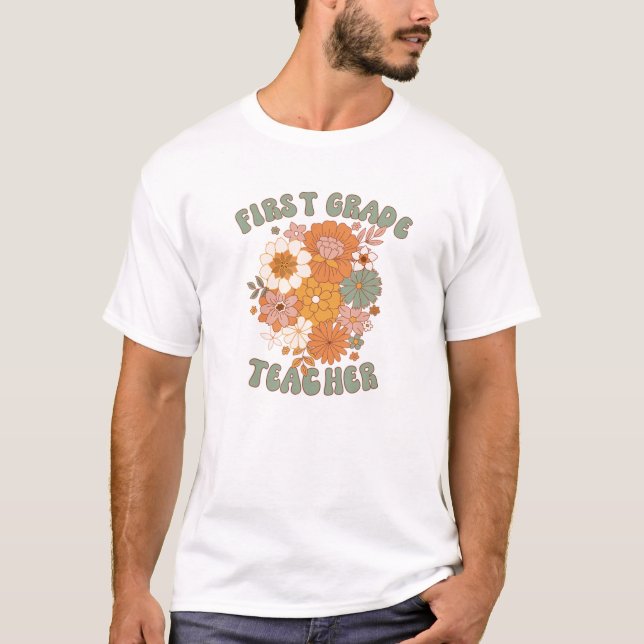 Retro Groovy First Grade Teacher T-Shirt (Front)