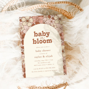 Retro Groovy Floral Arch Baby in Bloom   Neutral Invitation