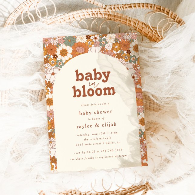 Retro Groovy Floral Arch Baby in Bloom | Neutral Invitation (Creator Uploaded)