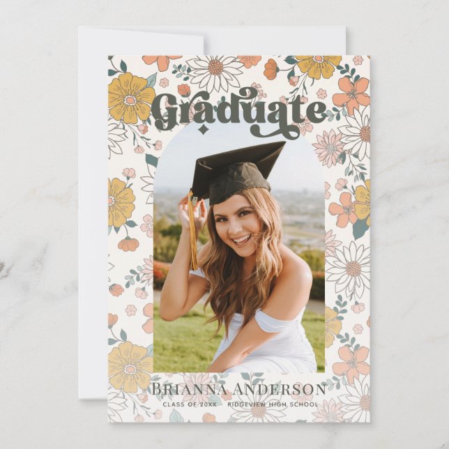 Retro Groovy Floral Arch Graduation Photo Invitation (Front)