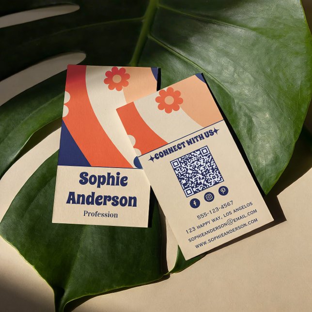 Retro Groovy Floral Business Card with QR Code (Creator Uploaded)