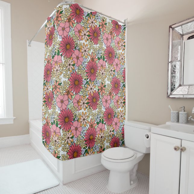 Retro Groovy Floral Daisy Boho Shower Curtain (In Situ)