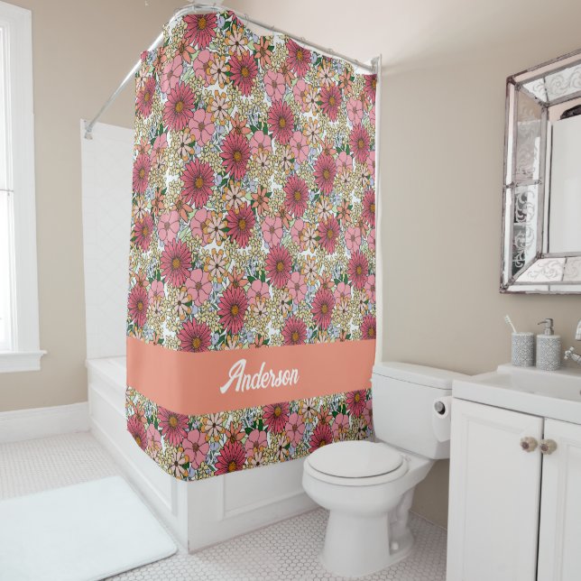 Retro Groovy Floral Daisy Boho Shower Curtain (In Situ)