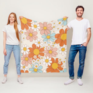 Retro Groovy Floral Daisy Seamless Pattern Fleece Blanket