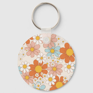 Retro Groovy Floral Daisy Seamless Pattern Key Ring