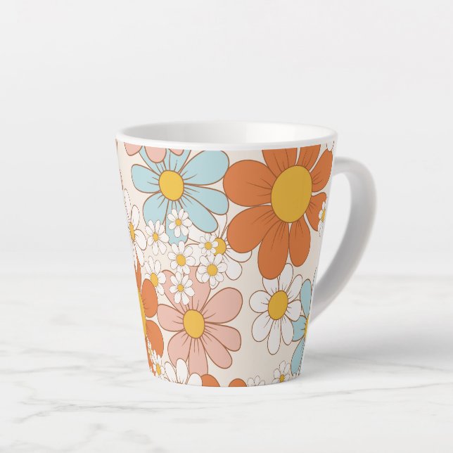 Retro Groovy Floral Daisy Seamless Pattern Latte Mug (Right Angle)