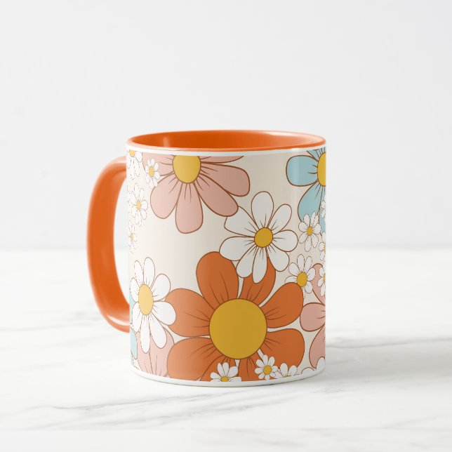 Retro Groovy Floral Daisy Seamless Pattern Mug (Front Left)