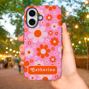 Retro Groovy Floral Orange Pink Personalised iPhone 16 Case