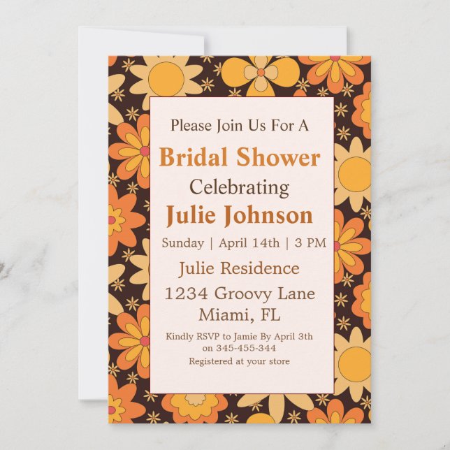 Retro Groovy Floral Orange yellow Bridal Shower Invitation (Front)