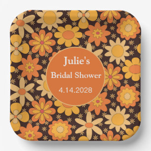 Retro Groovy Floral Orange yellow bridal shower Paper Plate