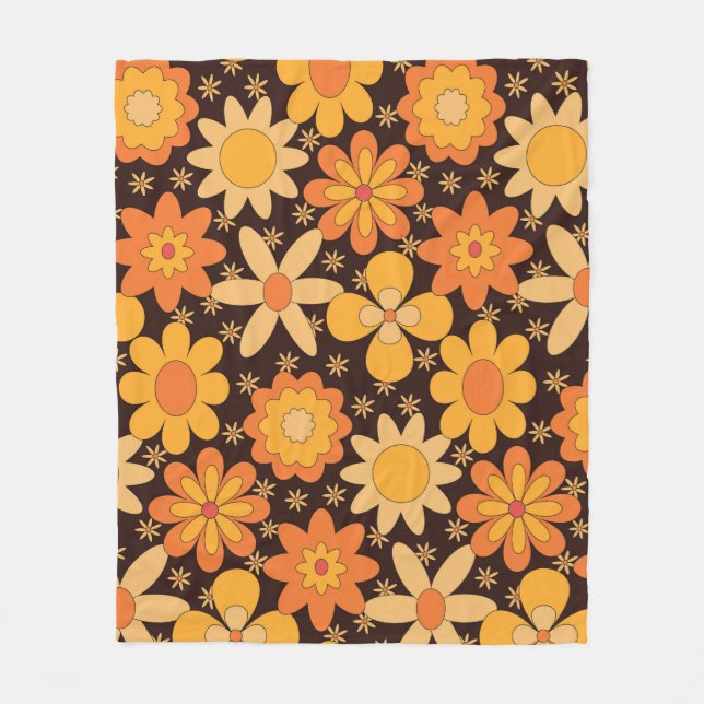 Retro Groovy Floral pattern Yellow and  Orange   Fleece Blanket (Front)