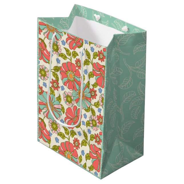 Retro Groovy Floral Pink and Green  Medium Gift Bag (Front Angled)