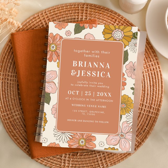 Retro Groovy Flower Pattern Photo Monogram Wedding Invitation (Creator Uploaded)